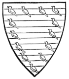 Fig. 60.—Arms of Aymer de Valence, Earl of Pembroke: "Baruly argent and azure, an orle of martlets gules." (From his seal.)