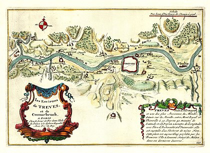 Les Environs de Treves, et de Consarbruch (1692), mapa de Tréveris e arredores, pelo cartógrafo e geógrafo francês Nicolás de Fer (definição 7 101 × 5 168)