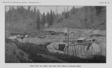 Eureka Gulch in 1910 with the Great Northern railbeds in the center and the "Hot Air Line" in the foreground Eureka Gulch, Republic 1910 Umpleby.png