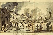 A lithograph depicting armed insurgents attacking fleeing citizens with burning buildings in the background during the Haitian Revolution