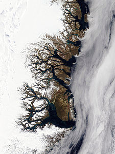 Satelite view of the fractal coastline of Greenland