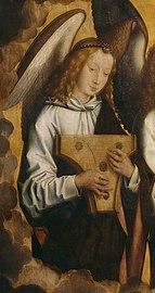 Paentiad o angel yn canu saltring pen mochyn (1480au), gan Hans Memling