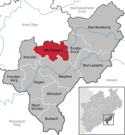 Läget för staden Hilchenbach i Kreis Siegen-Wittgenstein