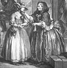 Detail from William Hogarth's A Harlot's Progress (1732), showing Moll's arrival in London and her procurement by a pox-ridden madame. Hogarth-Harlot-1 crop.png