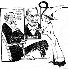 Journalist Marguerite Martyn of the St. Louis Post-Dispatch made this sketch of herself interviewing a Methodist minister in 1908 for his views on marriage. Journalist Marguerite Martyn interviews Rev. J.Y. Reed in 1908.jpg