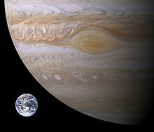 Size of Earth compared to Jupiter in true colours Jupiter, Earth size comparison.jpg