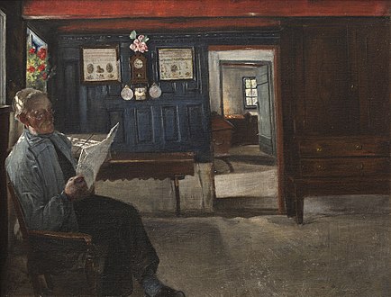 Interiør med avislæsende bondemand, 1911