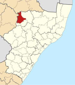 Kaart van Suid-Afrika wat Newcastle in KwaZulu-Natal aandui