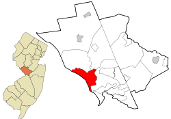 Location of Trenton inside of Mercer County. Inset: Location of Mercer County highlighted in the State of New Jersey.