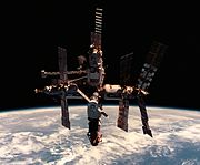 Soviet (later Russian) station Mir was the first long term inhabited station Mir space station 12 June 1998-cropped.jpg