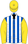 Royal blue and white stripes, yellow sleeves and cap