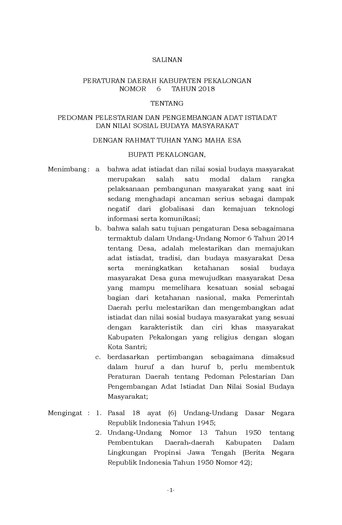 Peraturan Daerah Kabupaten Pekalongan Nomor 06 Tahun 2018 tentang Pedoman Pelestarian dan Pengembangan Adat Istiadat dan Nilai Sosial Budaya Masyarakat