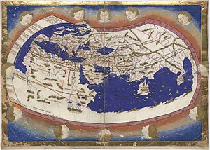 Ptolemy's world map (2nd century) in a 15th-century reconstruction by Nicolaus Germanus. Ptolemy Cosmographia 1467 - world map.jpg
