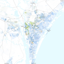 Map of racial distribution in Wilmington, 2020 U.S. census. Each dot is one person:
.mw-parser-output .legend{page-break-inside:avoid;break-inside:avoid-column}.mw-parser-output .legend-color{display:inline-block;min-width:1.25em;height:1.25em;line-height:1.25;margin:1px 0;text-align:center;border:1px solid black;background-color:transparent;color:black}.mw-parser-output .legend-text{}
 White
 Black
 Asian
 Hispanic
 Multiracial
 Native American/Other Race and ethnicity 2020 Wilmington, NC.png