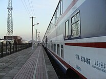 Train No. 5801, a double-decker sleeper train, from Ürümqi-Alashankou at the Bole station in April 2006