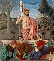 Kristi opstandelse af Piero della Francesca. o. 1460. Vægmaleri i fresko og tempera. 225×200 cm. Museo Civico, Sansepolcro, Toscana (en)[note 29]