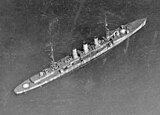 Aerial photo of Frankfurt moored during the test, with white targets painted on her deck