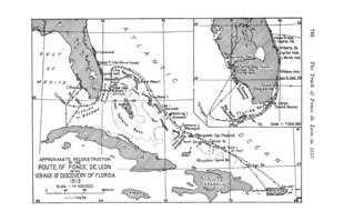 Approximate reconstruction of the route of Juan Ponce de Leon on his voyage of discovery of Florida (1513) Scisco 1913 Ponce de Leon track map.png