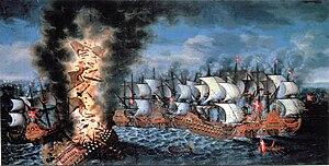 Oljemålning av Claus Møinichen som visar hur Kronan kantrar och exploderar och hur Svärdet omringas av de allierade amiralerna.