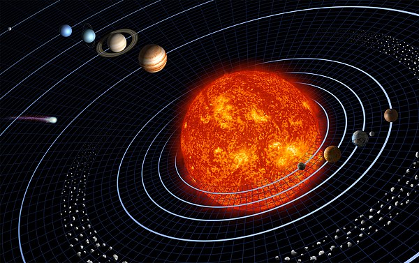 various parts of the solar system: the planets, dwarf planet Pluto, the asteroid belt, and a comet