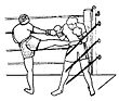 Conduite de l’adversaire vers le coin du ring pour le « travailler », ici en boxe birmane