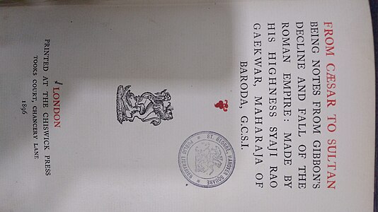 Title page of Caesar to Sultan book by Sayajirao Gaekwad published in 1896