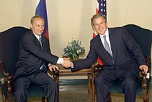 Putin meets with US President George W. Bush at the G8 summit in Genoa, Italy, July 2001 Vladimir Putin 22 July 2001-3.jpg