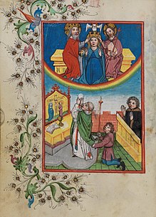 A page from the Waldburg Prayer Book illustrating the celebration of the Holy Eucharist on Earth before the Holy Trinity and the Virgin Mary in Heaven Waldburg-Gebetbuch 034.jpg
