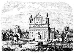 Малюнок 19 століття, невідомий автор. Вигляд Олики. Ратуша, колегіата і стара Троїцька церква, знищена у 1871 році (зліва направо).