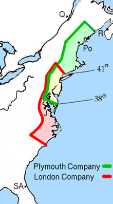 The 1606 grants by James I to the London and Plymouth companies. The overlapping area (in yellow) was granted to both companies on the stipulation that neither found a settlement within 100 miles (160 km) of each other. The location of early settlements is shown, including Jamestown (J), Quebec (Q), Popham (Po), Port Royal (R), and St. Augustine (SA). Wpdms king james grants.png