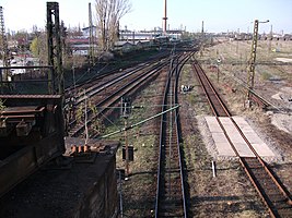 Trennung der Strecke PG bis 2011 auf Höhe Stellwerk 6 (von der Schwartzebrücke Richtung Norden, 18. April 2010)