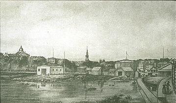 Railroad depot at Park Square in 1837, with the State House in the background, the tidal Charles River basin in the foreground