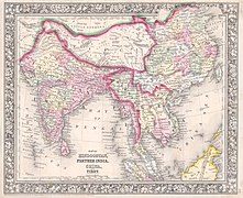 1864. « Map of Hindoostan, farther india, China and Tibet » par Samuel Augustus Mitchell ; la majeure partie de l'actuelle province du Qinghai est représentée comme faisant partie de la région du Tibet.