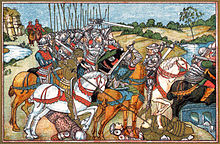 1885 lithograph portraying the rout of Warwick's forces in the manner of Paolo Uccello Battle of Barnet lithograph.jpg