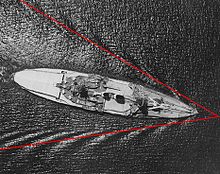 Aerial view of the German battleship Schlesien, showing a 39deg wake, characteristic of vessels passing through water. Bugwinkel39.jpg