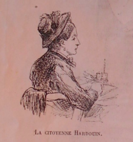 Dessin monochrome représentant une femme assise à une table, avec petit chapeau.