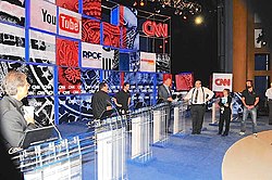 In the 2007 CNN/YouTube presidential debates, candidates responded to questions submitted by ordinary people via YouTube video. CNN-YouTube Republican Debate.jpg