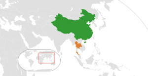 Mapa indicando localização da China e da Tailândia.