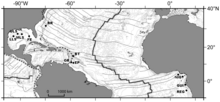 Map of cold seeps in the Atlantic Equatorial Belt.
BR - Blake Ridge diapir
BT - Barbados trench
OR - Orenoque sectors
EP - El Pilar sector
NIG - Nigerian slope
GUI - Guiness area
REG - Regab pockmark. Cold seeps of the Atlantic Ocean.png