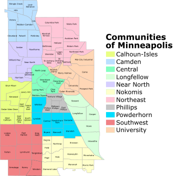 Map of Minneapolis neighborhoods and communities. Communities and neighborhoods of Minneapolis.svg