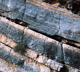 Cycles émersifs de comblement ou de régression ?, Jurassique moyen du jbel Laghdar (Oman). Les lacunes sont soulignées en jaune par les niveaux de laminations algaires dolomitisés.