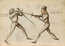 Fencing with longswords, from a fifteenth-century manual of fencing De Fechtbuch Talhoffer 021.jpg