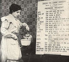 An Italian immigrant making an American breakfast aided by instructional materials from the YMCA ESL 1918.JPG