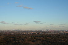 Skyline of New York City from Montclair at the start of the Watchung Mountains EagleRock 002.jpg