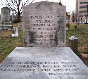 Zelda and Scott's grave in Rockville, Maryland, inscribed with the final sentence of The Great Gatsby