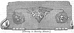 Engraving of a Feast of Fools, a carving on a wooden misericord in Beverley Minster Feast of Fools, Carving in Beverley Minster (p.62, Jan 1824).jpg