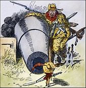 1903 cartoon, "Go Away, Little Man, and Don't Bother Me", depicts President Roosevelt intimidating Colombia to acquire the Panama Canal Zone. Go Away Little Man Charles Green Bush.jpg