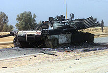 An American M1 Abrams tank destroyed in Baghdad IrakKriegM1A1USA.jpg