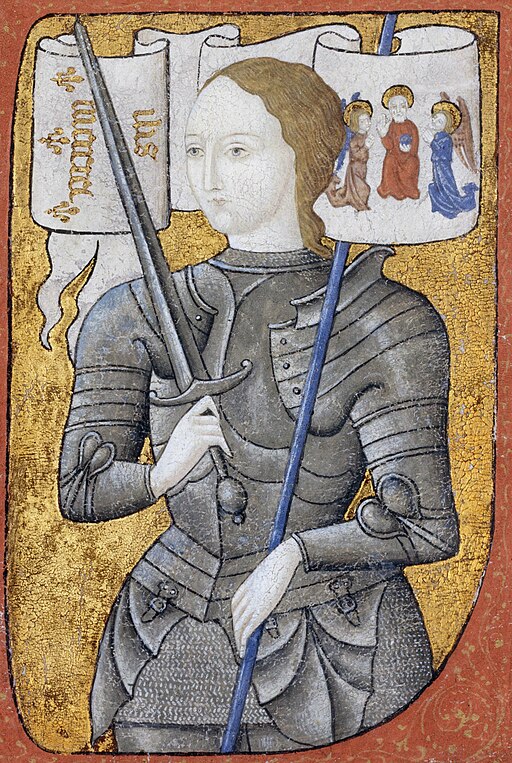 An conception of a woman dressed in silver armor, holding the sword together with a banner.