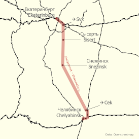Схема предполагаемой трассы ВСМ Челябинск-Екатеринбург (2020)